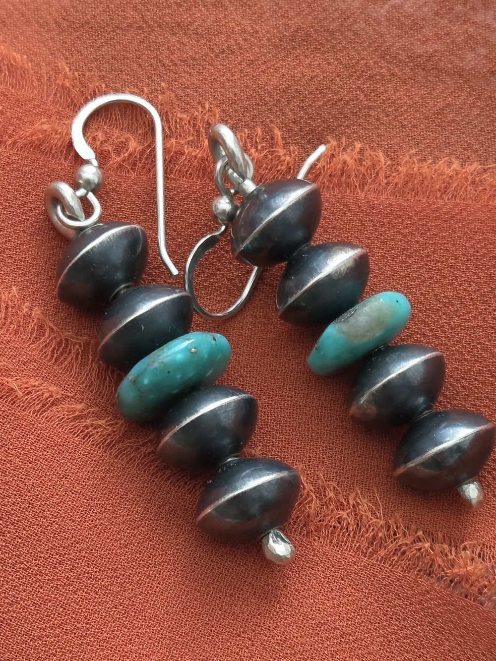 Turquoise and Oxidized Sterling Silver Navajo Bead Drop Earrings